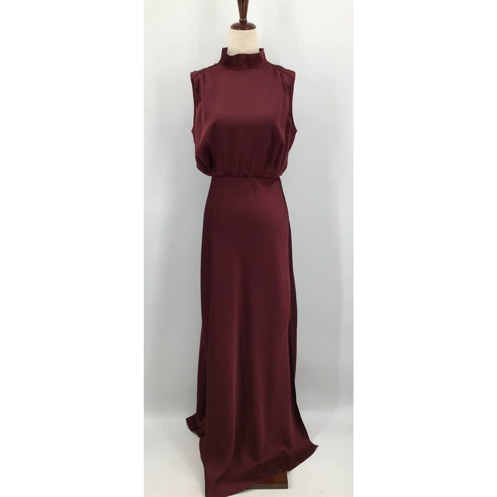 LULU'S sz S Classic Elegance Wine Satin Sleeveless Mock Neck Maxi Dress NEW B56 - Picture 2 of 7